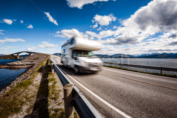 Stock photo: Caravan car RV travels on the highway Atlantic Ocean Road Norway