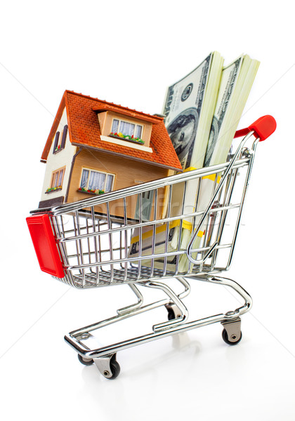 Cosul de cumparaturi casă alb afaceri bani construcţie Imagine de stoc © cookelma