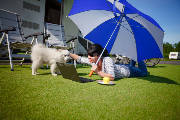 Foto stock: Mulher · grama · cão · olhando · laptop · caravana