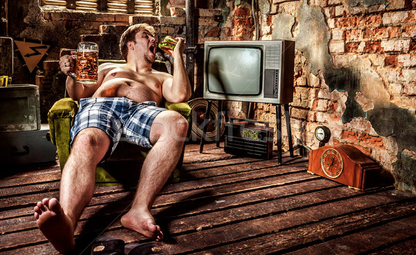 太った男 食べ ハンバーガー 座って 椅子 食品 ストックフォト © cookelma