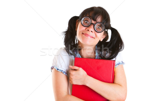 Foto stock: Nerd · estudante · menina · livros · didáticos · branco · sorrir