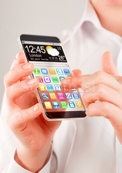 スマートフォン 透明な 画面 人間 手 未来的な ストックフォト © cookelma