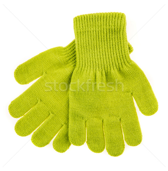 Foto stock: De · punto · bebé · guantes · blanco · manos