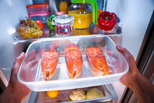 Raw Salmon steak in the open refrigerator Stock photo © cookelma