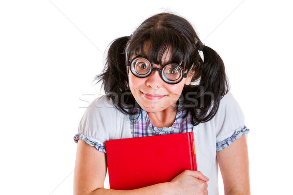 Nerd studente ragazza libri di testo bianco sorriso Foto d'archivio © cookelma