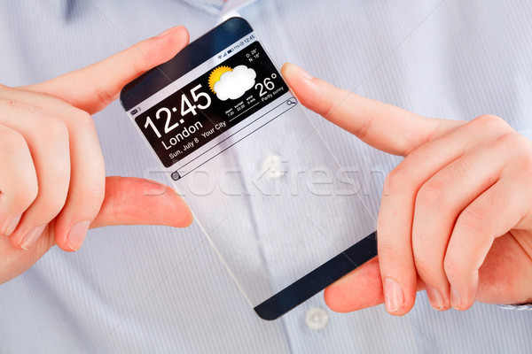 Imagine de stoc: Smartphone · transparent · ecran · uman · mâini · futuristic