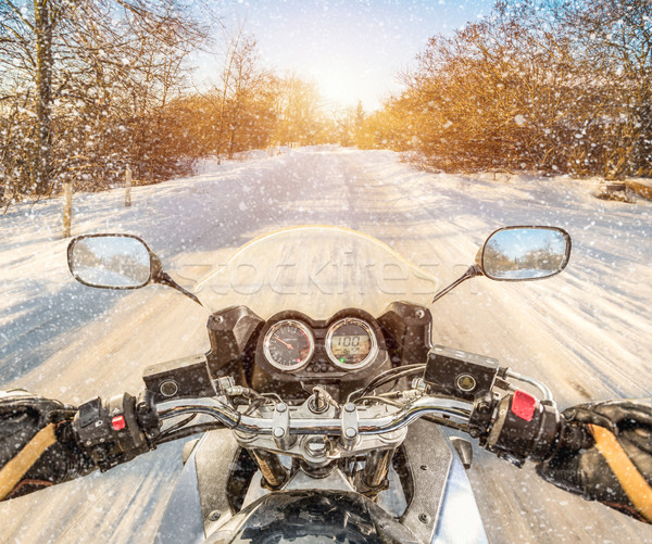 Biker First-person view. Winter slippery road Stock photo © cookelma