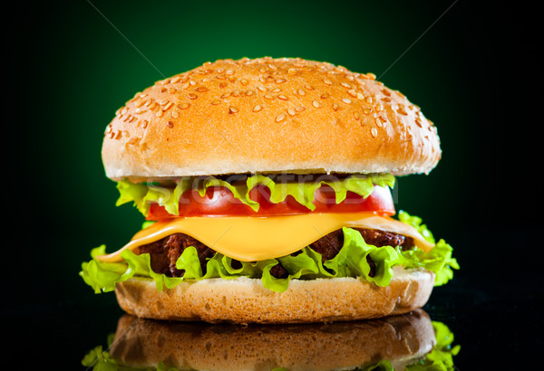 Tasty and appetizing hamburger on a darkly green Stock photo © cookelma