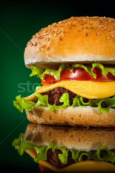 Tasty and appetizing hamburger on a darkly green Stock photo © cookelma