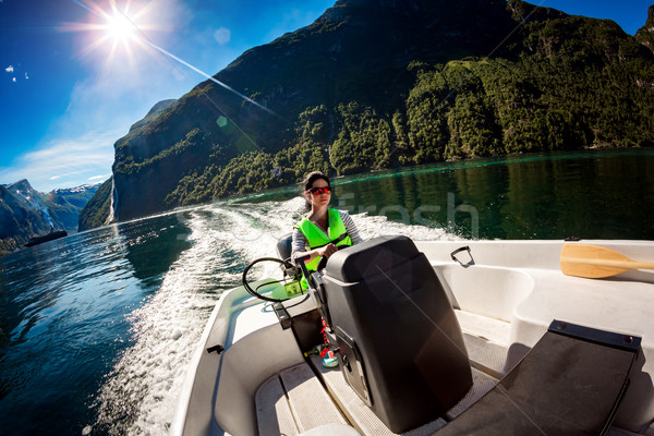 女性 運転 モーターボート 美しい 自然 太陽 ストックフォト © cookelma