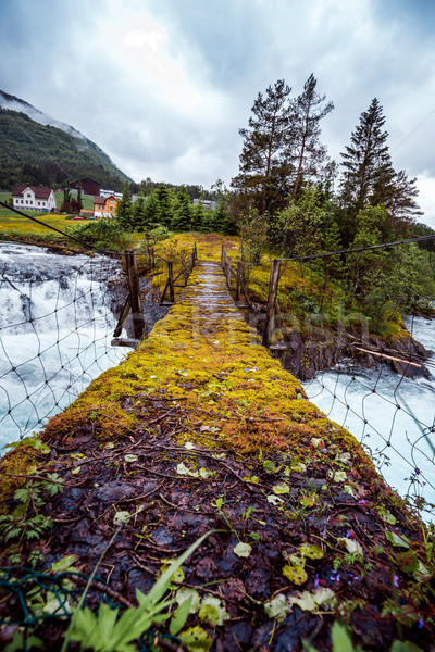 Hängebrücke Berg Fluss Norwegen schönen Natur Stock foto © cookelma