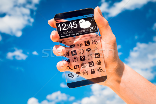 Stockfoto: Smartphone · transparant · scherm · menselijke · handen · futuristische