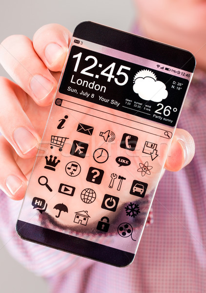 Stockfoto: Smartphone · transparant · scherm · menselijke · handen · display