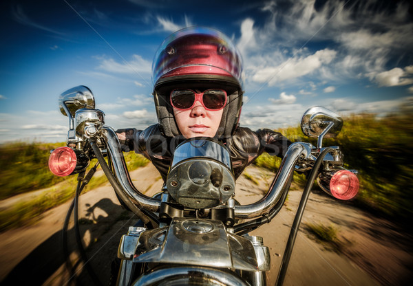 Ragazza moto fisheye lenti divertente Foto d'archivio © cookelma