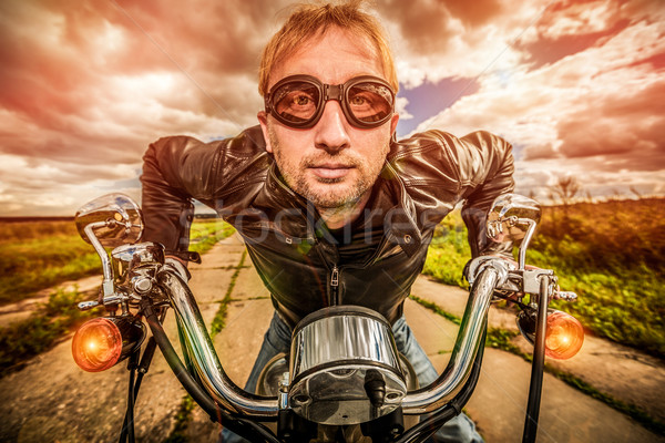 Vicces motoros versenyzés út napszemüveg bőrdzseki Stock fotó © cookelma