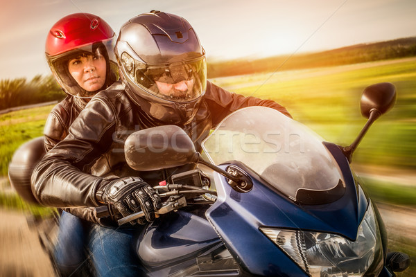 Motorosok út pár bőrdzseki lovaglás motorkerékpár Stock fotó © cookelma