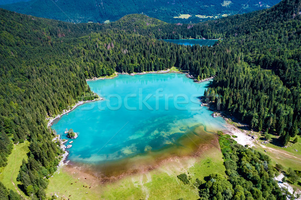 Lake Lago di Fusine Superiore Italy Alps. Aerial FPV drone fligh Stock photo © cookelma