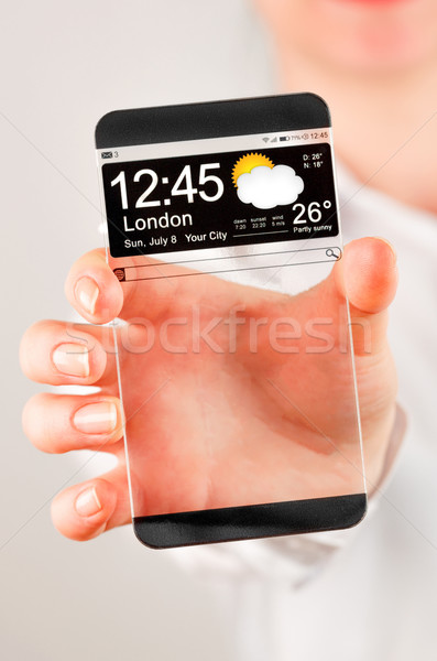 Smartphone with transparent screen in human hands. Stock photo © cookelma