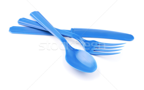 Plastique coutellerie bleu jetable isolé blanche Photo stock © coprid