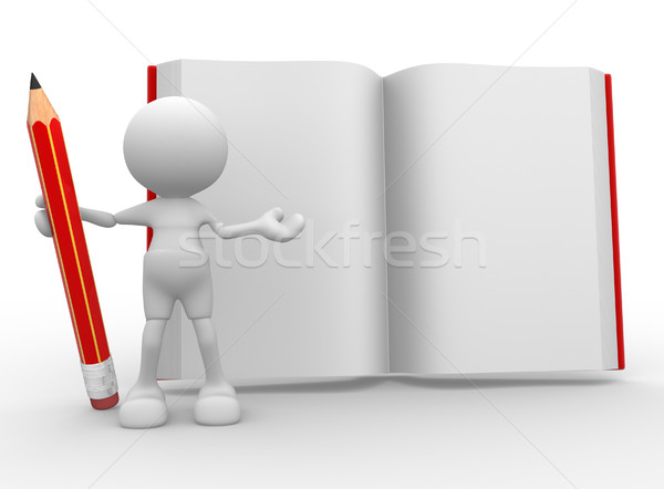 Stock foto: Buch · 3D-Menschen · Mann · Person · Bleistift · Papier