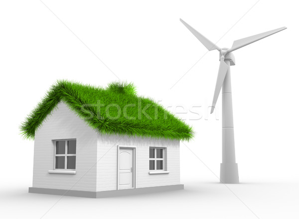 Foto stock: Aerogenerador · casa · hierba · techo · ecología · 3d