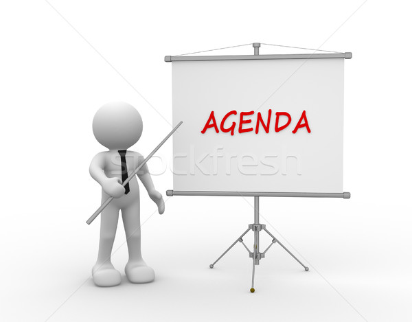 Stockfoto: Agenda · 3d · mensen · man · persoon · flipchart · business