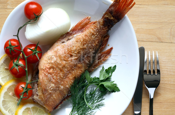 Stock foto: Fisch · Platte · Gemüse · Gabel