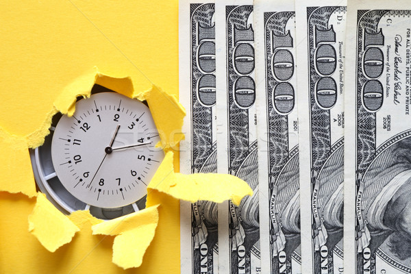 Stock fotó: Az · idő · pénz · óra · bent · lyuk · citromsárga · papír