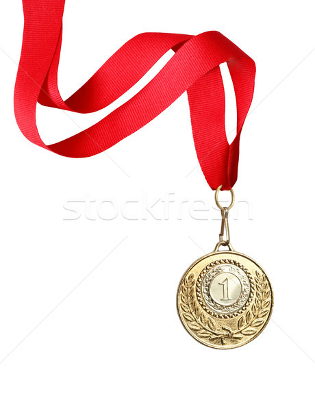 Foto stock: Medalha · de · ouro · branco · ouro · fita