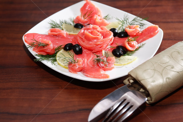 Meze somon beyaz plaka çatal bıçak Stok fotoğraf © cosma
