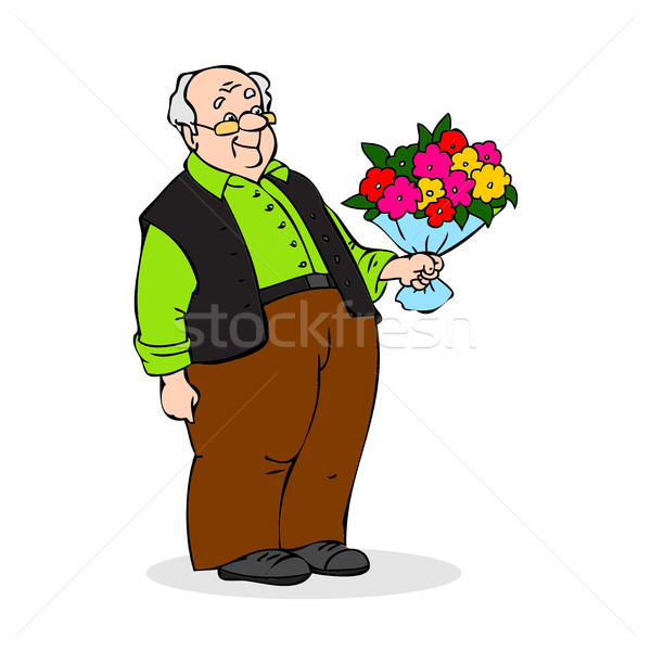 Old man with a bouquet of flowers. Smiling elderly man with glas Stock photo © cosveta