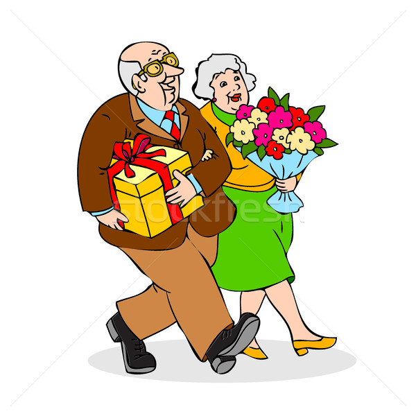 Happy elderly couple with a bouquet of flowers and a gift. Funny Stock photo © cosveta