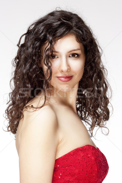 Retrato mulher jovem escuro cabelos cacheados isolado branco Foto stock © courtyardpix