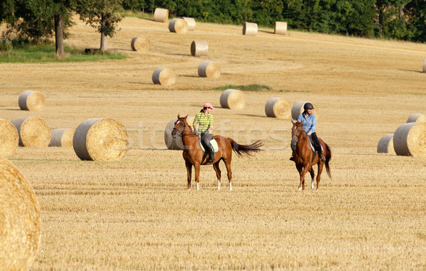 Two Women Horseback Riding in a Field with Bales of Hay Stock photo © courtyardpix
