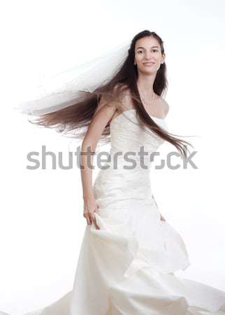 Foto stock: Noiva · vestido · de · noiva · retrato · longo · cabelo · escuro · isolado