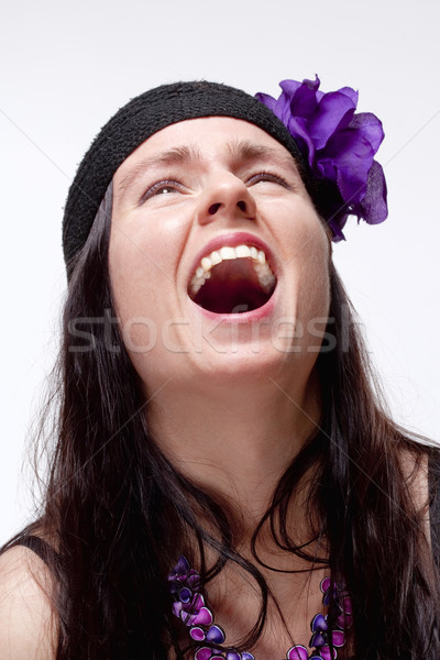 Młoda kobieta śmiech odizolowany biały kobieta usta Zdjęcia stock © courtyardpix