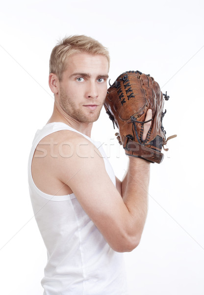 Adam beyzbol eldiveni beyaz üst bakıyor spor Stok fotoğraf © courtyardpix