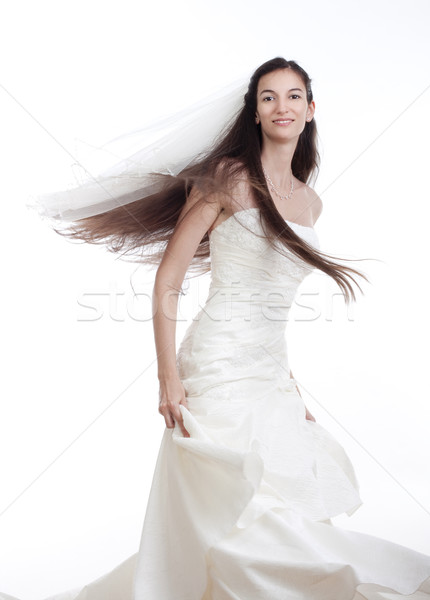 Menyasszony esküvői ruha portré hosszú sötét haj izolált Stock fotó © courtyardpix