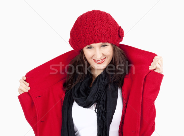 Young Woman in Red Coat and Cap Smiling  Stock photo © courtyardpix