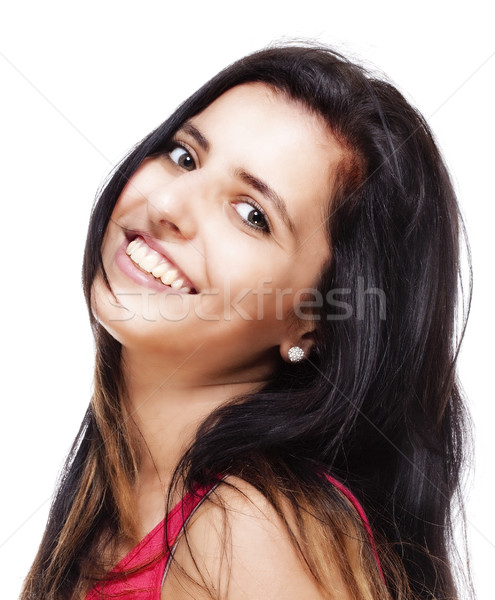 Genç kadın uzun siyah saçlı gülen yalıtılmış beyaz Stok fotoğraf © courtyardpix
