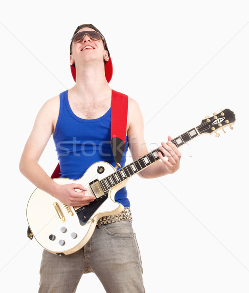 十幾歲的男孩 墨鏡 播放 電吉他 孤立 白 商業照片 © courtyardpix