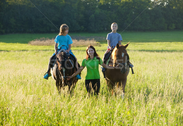 Reiten Unterricht Frau führend zwei Pferde Stock foto © courtyardpix