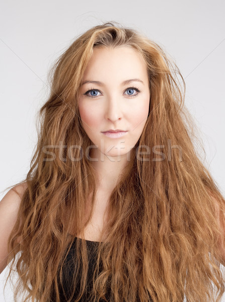 Retrato mulher jovem longo cabelo castanho olhos azuis mulher Foto stock © courtyardpix