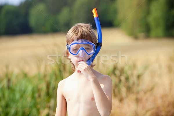 男孩 呼吸 管 水 夏天 藍色 商業照片 © courtyardpix