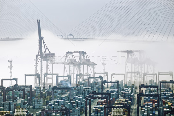 Imagine de stoc: Hong · Kong · încărcătură · port · ceaţă · apă · albastru