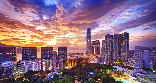 Hongkong Skyline Sonnenuntergang Gebäude orange städtischen Stock foto © cozyta