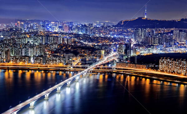 Seul gece Güney Kore kule şehir merkezinde ufuk çizgisi Stok fotoğraf © cozyta