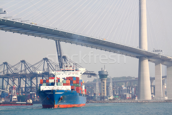 Containerschip moderne brug strand hemel wolken Stockfoto © cozyta