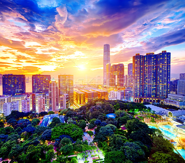 Hongkong Skyline Sonnenuntergang Gebäude orange städtischen Stock foto © cozyta