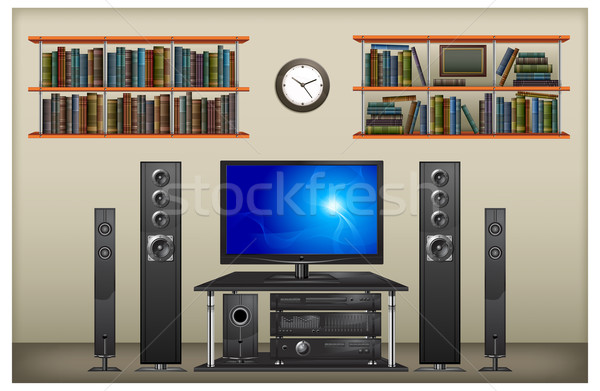 Társalgó szoba belső tv hangszóró könyvespolc Stock fotó © creatOR76